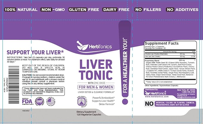 Herbtonics Liver Cleanse Detox & Repair Formula 20+ Herbs: 120 Vegan