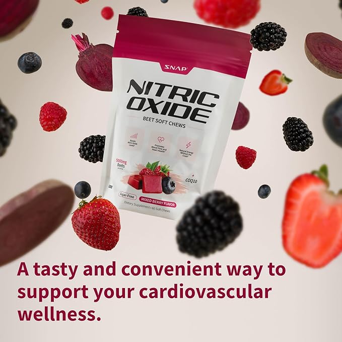 Snap Supplements Nitric Oxide Beet Chews, Nitric Oxide Booster, Natural Energy, Organic Beetroot Powder and COQ10, Support Healthy Blood Flow and Blood Circulation, Sugar-Free, 60 Soft Chews