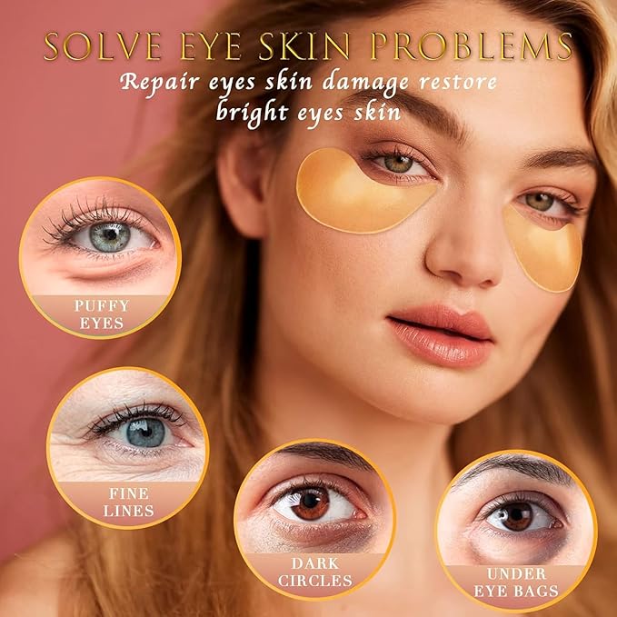 24K GOLD Eye Maskโ 60 Pcs - Gold Under Eye Mask Retinol & Collagen - Puffy Eyes and Dark Circles Treatments โ Look Younger and Reduce Wrinkles and Fine Lines Undereye, Improve and Firm eye Skin