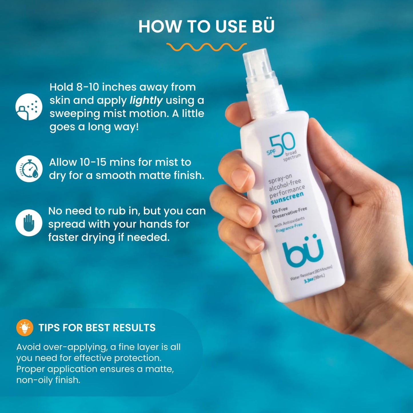BU SPF 50 Sunscreen Spray for Face and Body, Fragrance Free, Clear, Non Greasy, Water Resistant, for Sensitive Skin, 3.3 oz