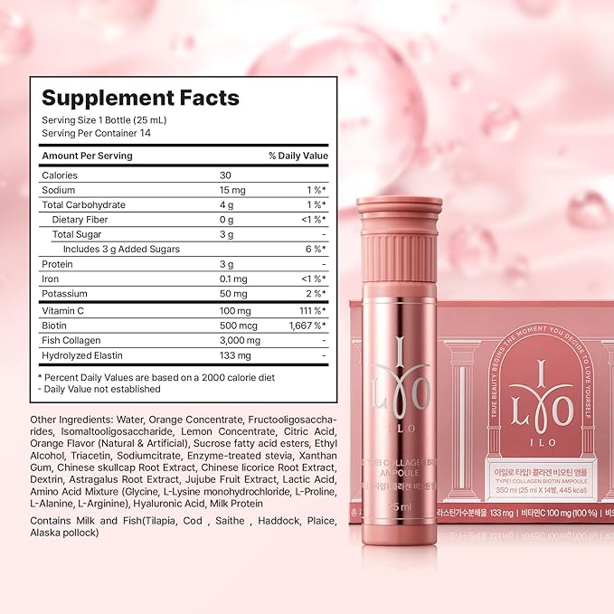 ILO Liquid Collagen Drink – 3,000mg Type 1 Marine Collagen with Biotin & Ceramide | Skin Glow & Hydration | Orange Flavor | 14 Bottles – Korean Beauty Supplement