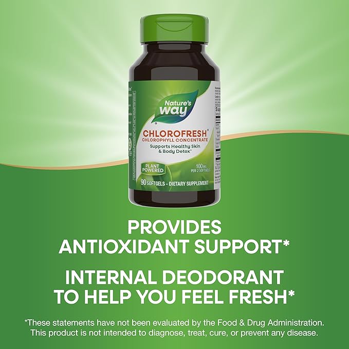 Nature’s Way Chlorofresh Chlorophyll Concentrate, Supports Detox Pathways*, Chlorophyllin Copper Complex, Supports Healthy Skin*, Internal Deodorant*, 90 Softgels (Packaging May Vary)