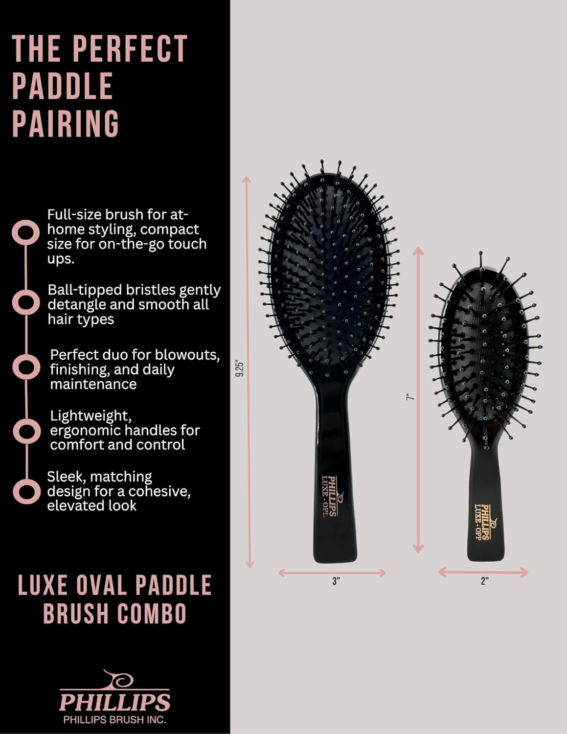 Phillips Brush Luxe Series Oval Paddle Hairbrush Combo Pack – Full Sized 9.25 inch Detangler + 7 inch Purse Size Travel Detangler, Sleek Black Color with Gold Accents