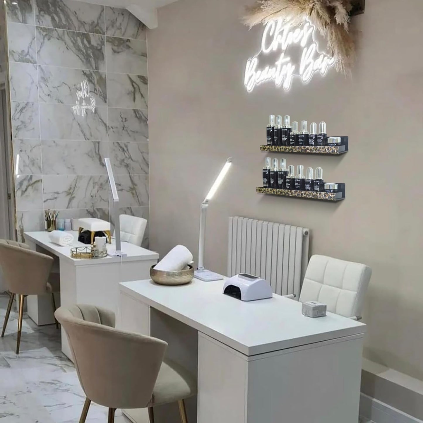 Nail Polish Wall Shelf -15 Inch Acrylic Black with Bling Leopard Print Sparkling Crystal Rhinestone, Essential Oil Organizer, Sunglasses Picture Display, Nail Polish Rack for Bedroom, Studio 4 Pack