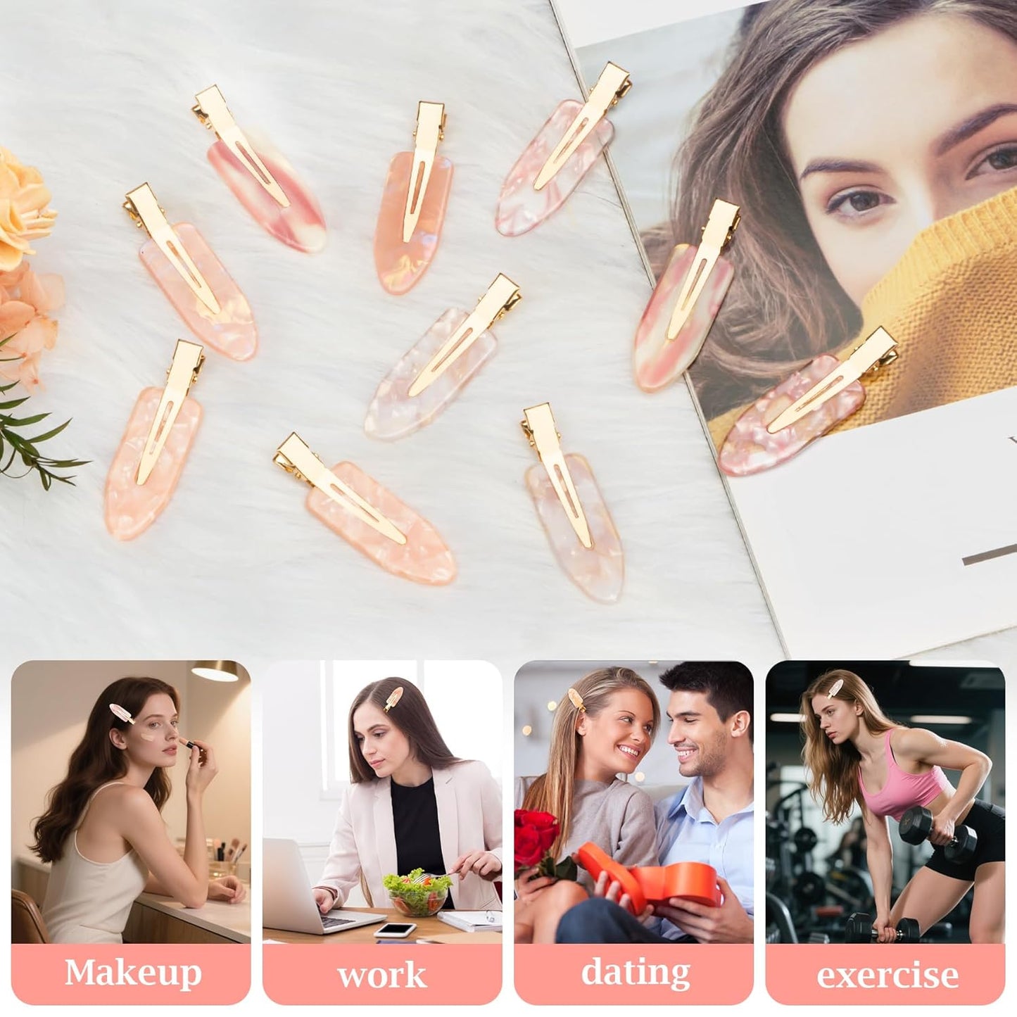 Gingbiss 10 Pcs No Bend Hair Clips, Acrylic No Crease Hair Clip for Hairstyling, Flat Clip Alligator Hair Barrettes for Women Girls Makeup Accessories(Pink Opal)