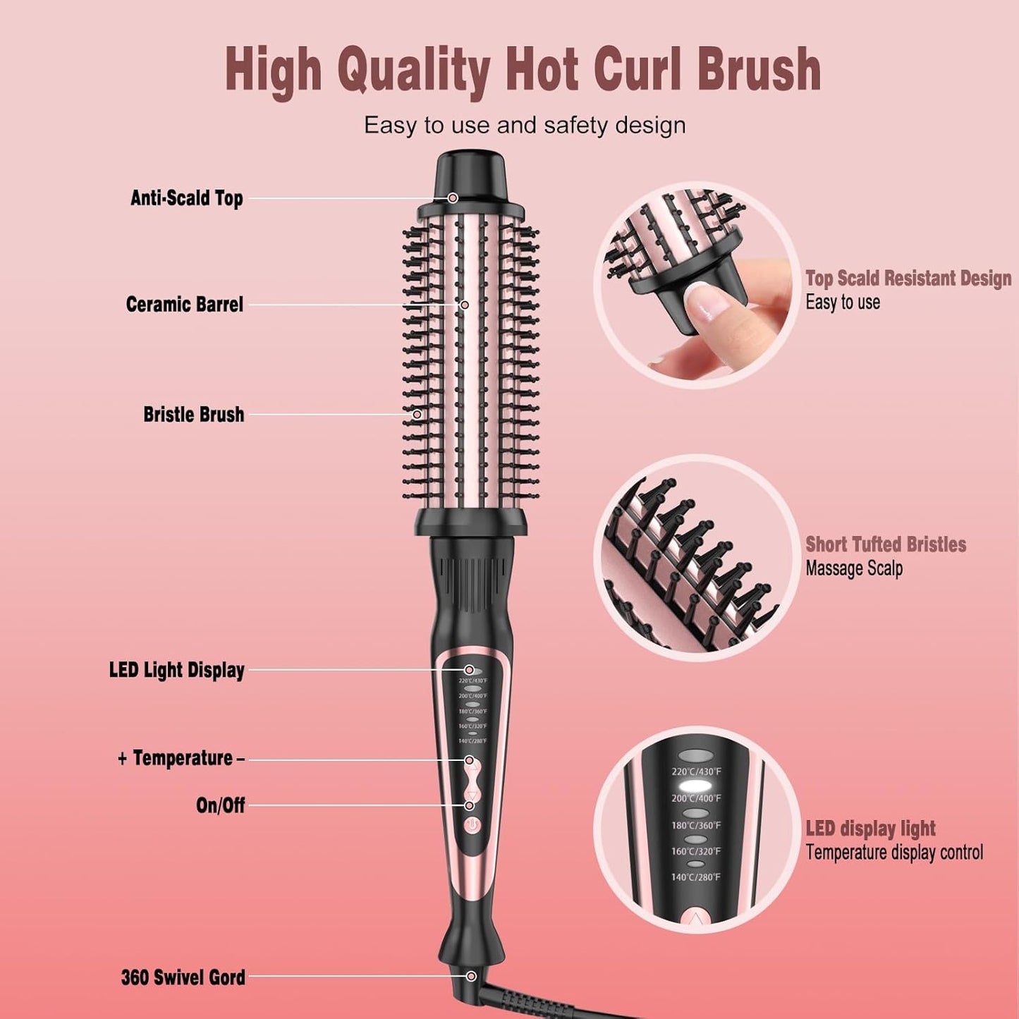 Thermal Brush, Heated Round Brush & Curling Iron with Ceramic Ionic Technology, Hair Tools for Volumizing & Styling, Travel-Friendly Hot Comb with Adjustable Temperature(Rose Gold 1.5 inch)