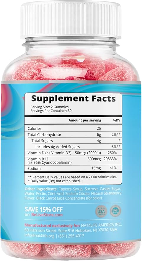 BeLive Vitamin D3 Gummies with B12 Vitamins - 60 Ct I Immune Support Gummies with Vegan Vitamin B12 & D3, Provides Enhanced Bone & Muscle Strength, Hearth Health and Energy - Strawberry Flavor