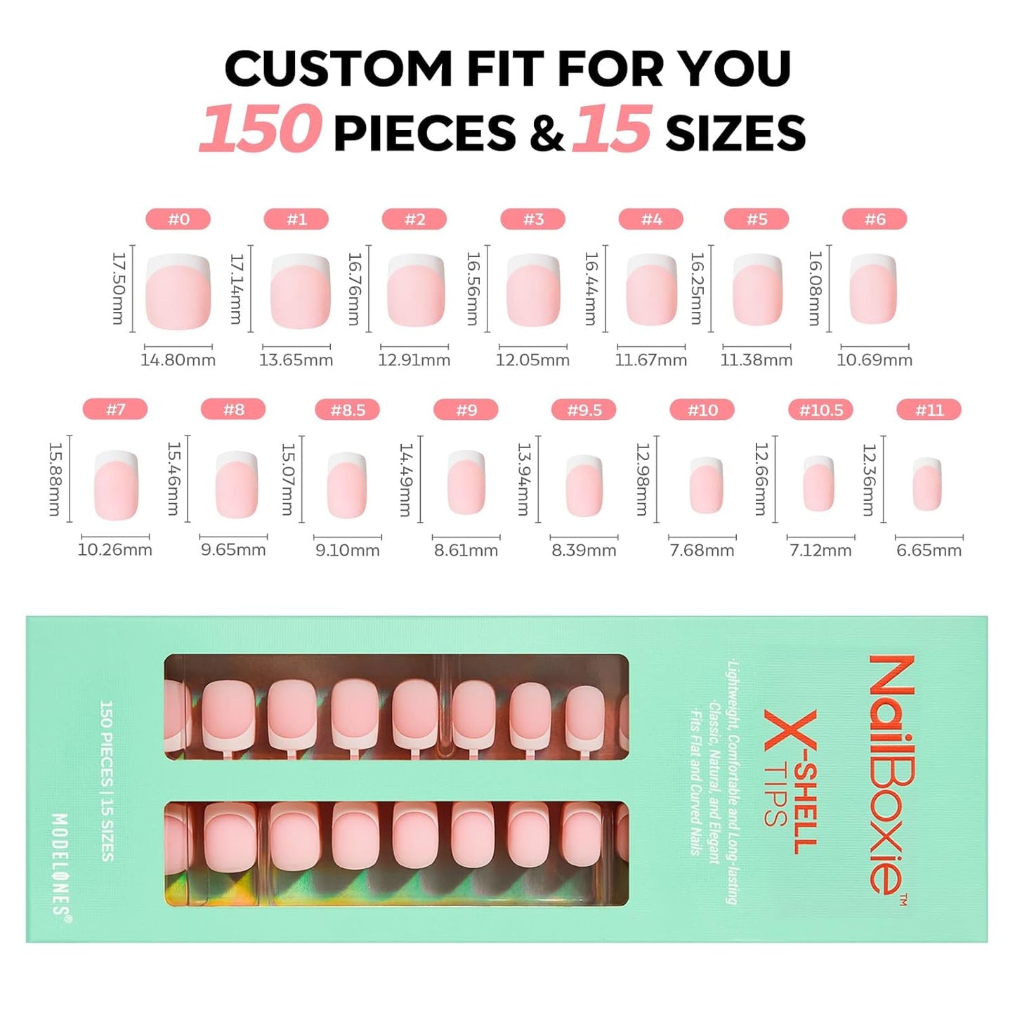 modelones French Tip Press on Nails, 150Pcs Extra Short Square Fake Nails with Nail Box, Pink Gel Nail Tips for Women, Soft Glue-On Nails for Natural Salon Look, DIY Nail Art Kit (15 Sizes)