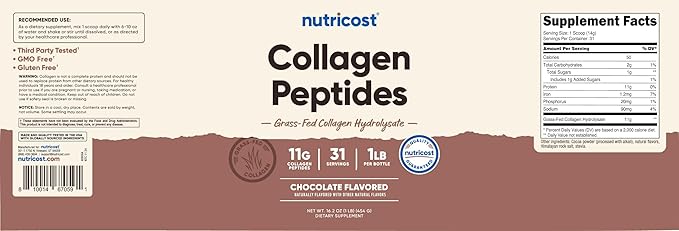 Nutricost Grass-Fed Collagen Powder 1LB (454 G) (Chocolate) - Grass Fed Bovine Collagen Hydrolysate - Collagen Peptides