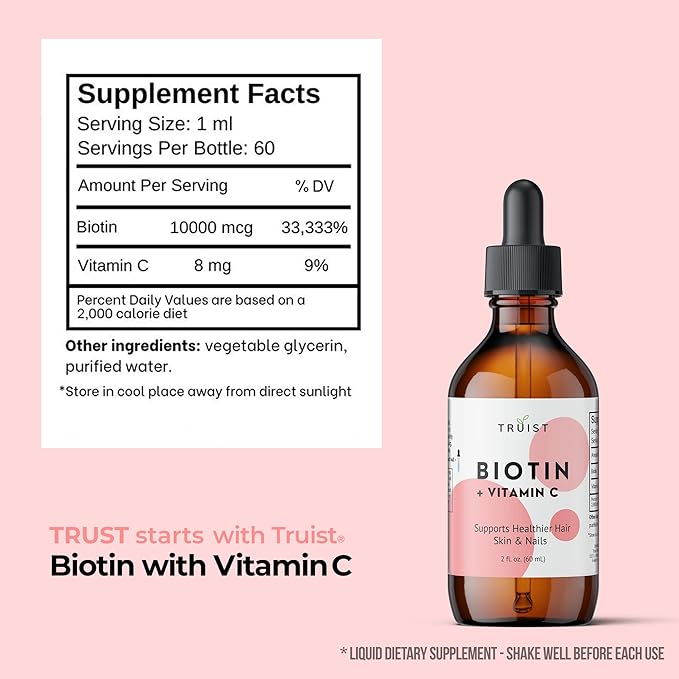 Pure Biotin Liquid Drops 10000mcg - Biotin (B7) Max. Strength for Hair, Skin & Nails - Vitamin C (8mg) - Women & Men - 60 Day Supply / 2.0 Fl. (60ml)
