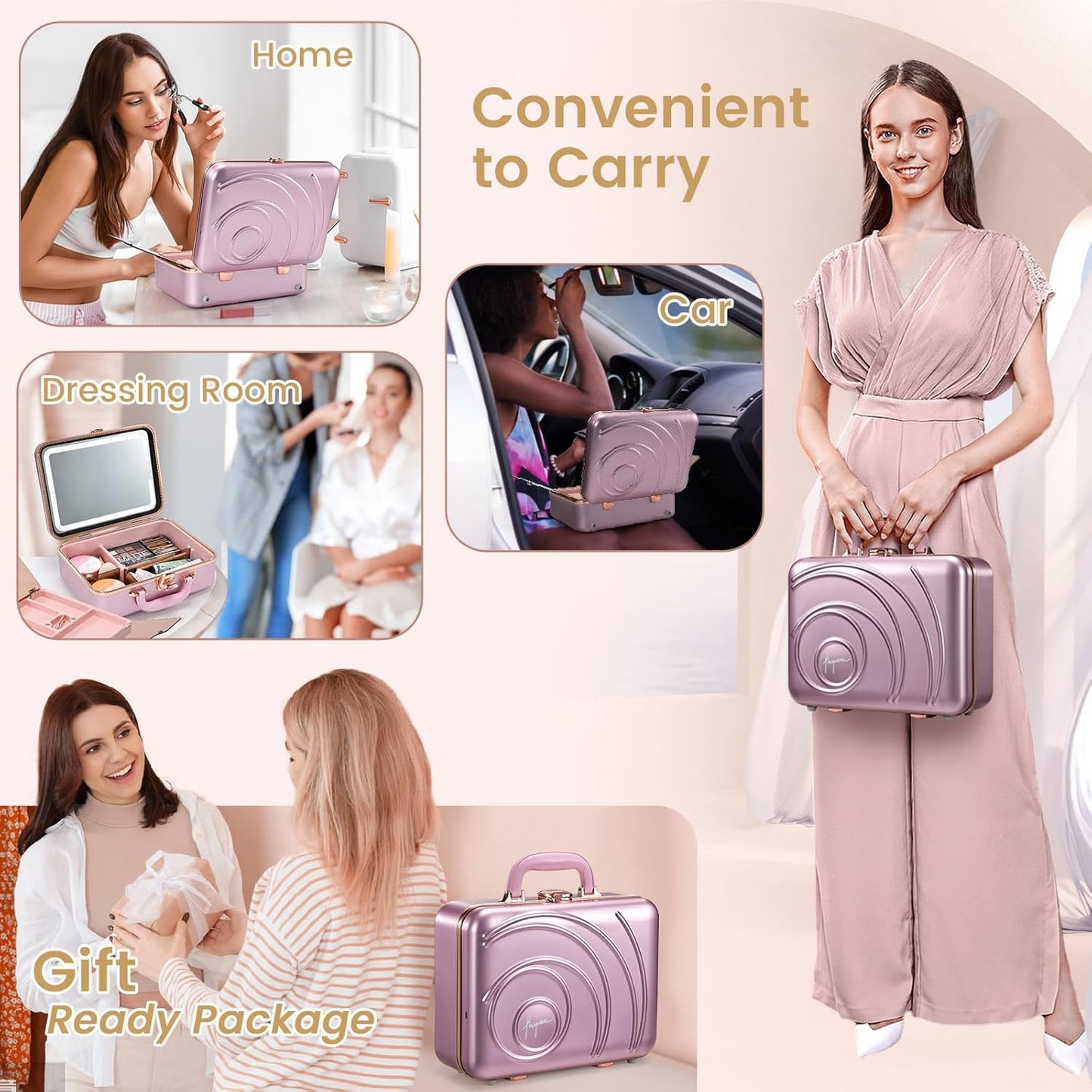 Travel Makeup Case with LED Lighted Mirror 12 Inch Portable Makeup Box Organizer Adjustable Brightness in 3 Colors Cosmetic Storage Case with Dividers Hard Aluminum Shell Vanity Box Pink