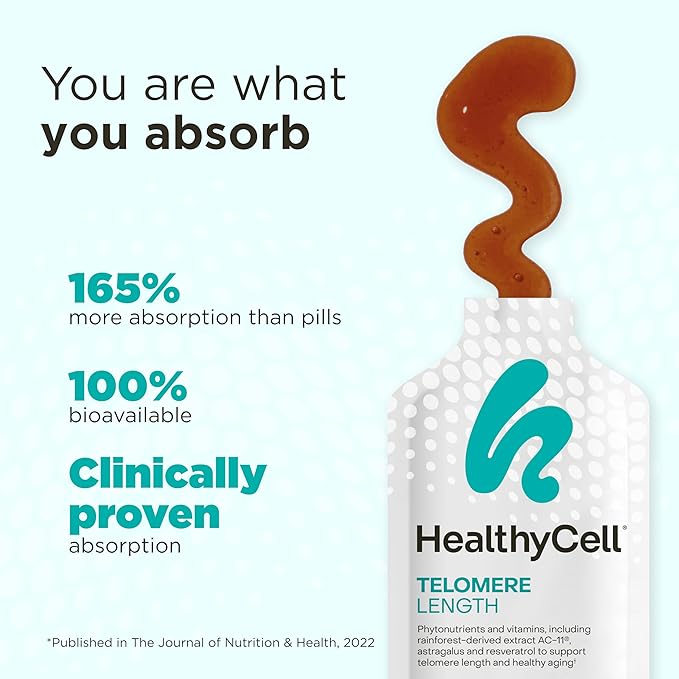 HealthyCell Telomere Length - Anti Aging Supplement with Cats Claw for DNA Repair, Cell Health, Stem Cell Support - Clinically Proven Ingredient AC11 - Maximum Absorption - 30 Gel Packs