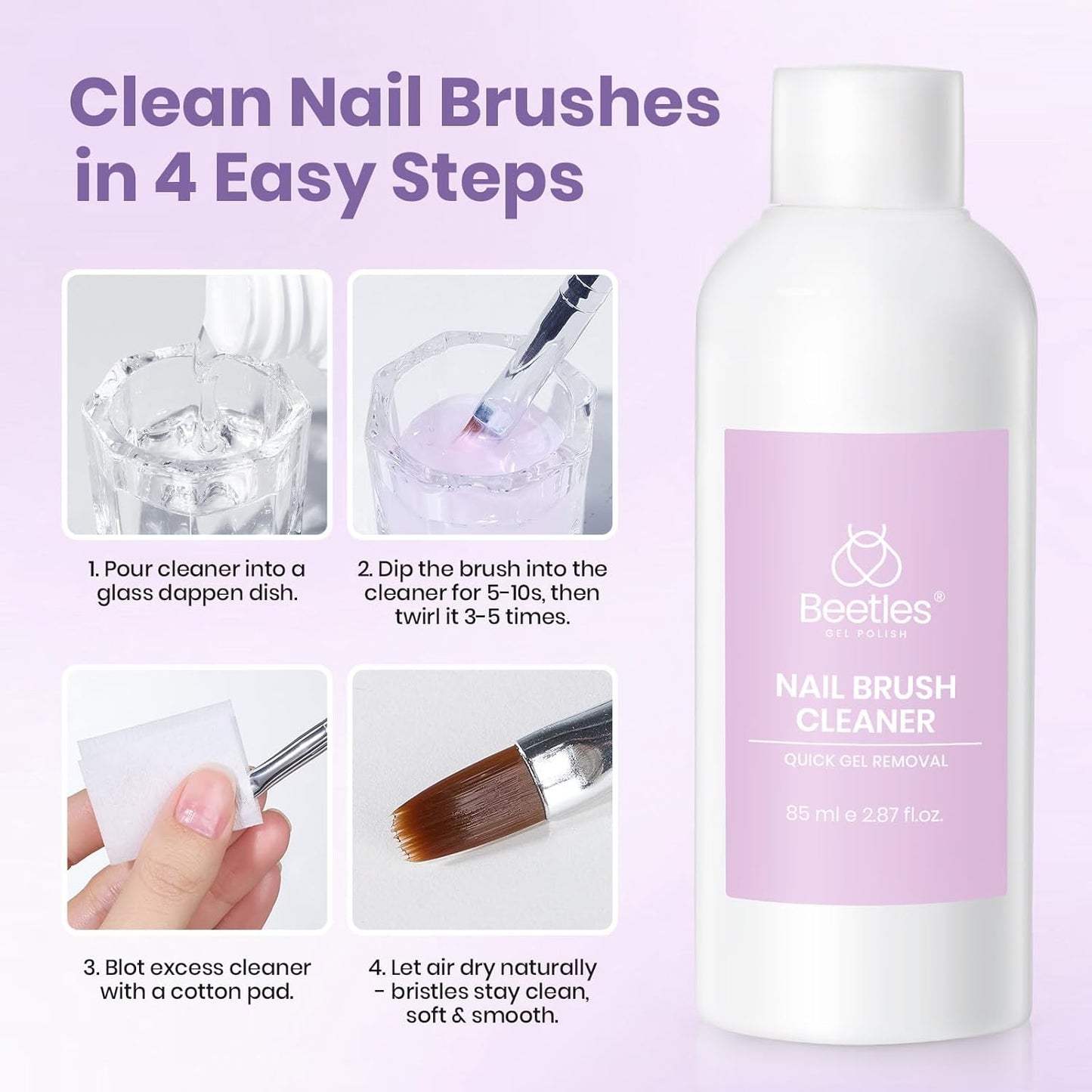 Beetles Nail Art Brushes Cleaner and Conditioner 85ml/2.87 Fl.Oz Nail Brush Restorer Quick Clean Break in Manicure Brush of Gel Polish, Nails Extension Gel, Dip Powder, Acrylic Builder DIY and Salon