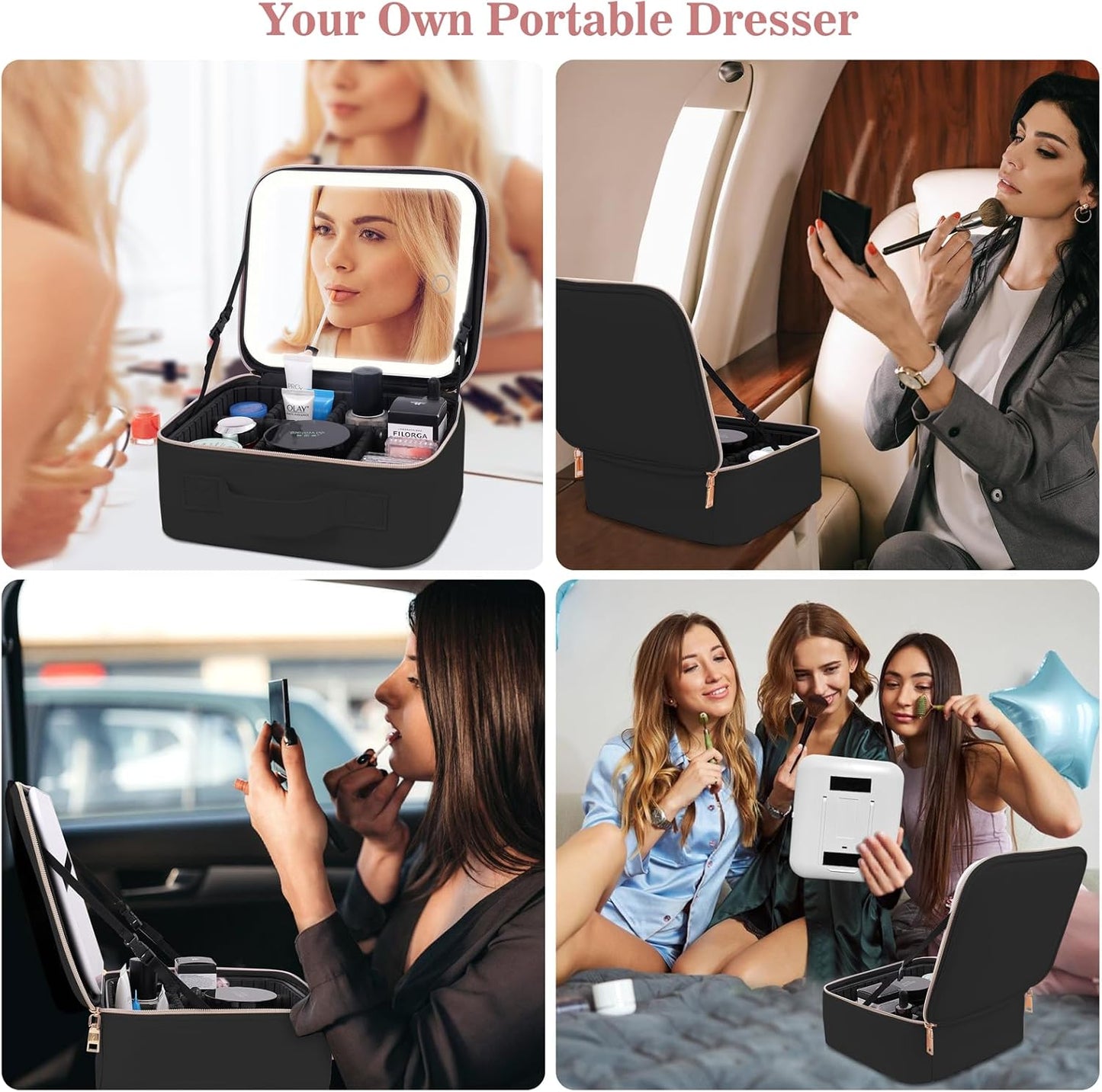 Makeup Case with LED Mirror,Makeup Organizer Bag Travel Makeup Case Large Makeup Bag With Rechargeable Mirror 3 Color Lights Detachable Mirror for Women Beauty Tools Accessories(Black)