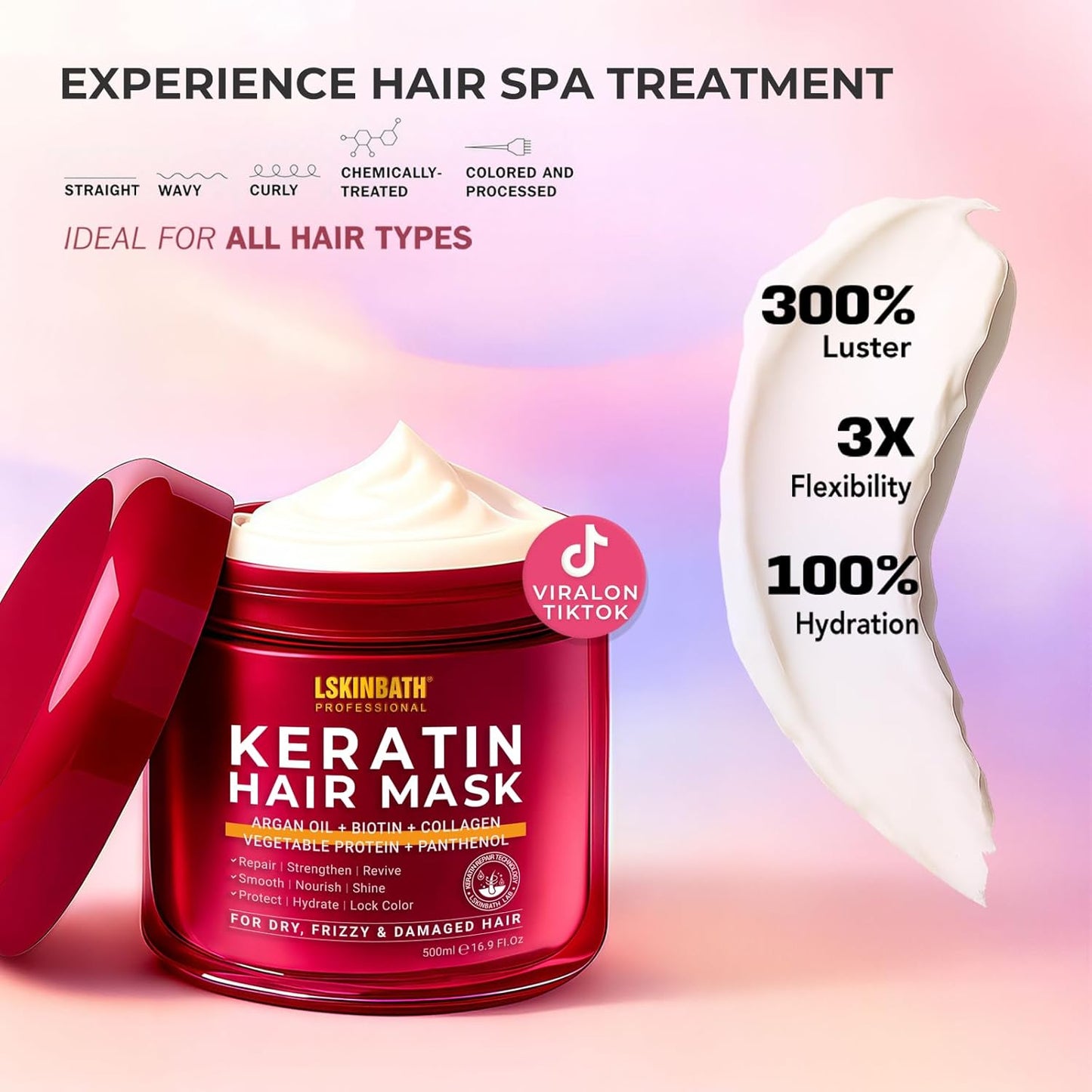 Keratin & Collagen Repair Hair Mask for Damaged Hair | Deep Conditioner Revives Dry, Frizzy, Bleached & Color-Treated Hair | With Argan Oil & Biotin | Treatment for Split Ends | 500ml
