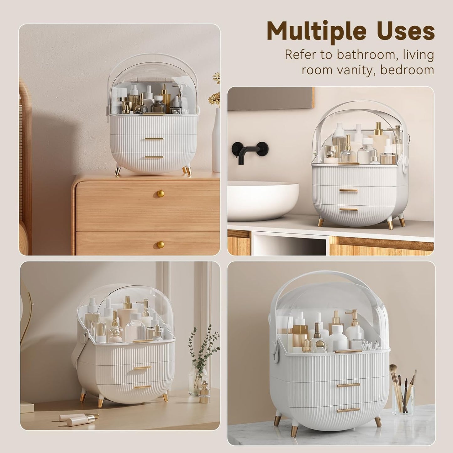 Makeup Organizers, Make Up Organizer for Vanity, Countertop Cosmetic Storage with Drawers and Transparent Cover for Bedroom Bathroom, White