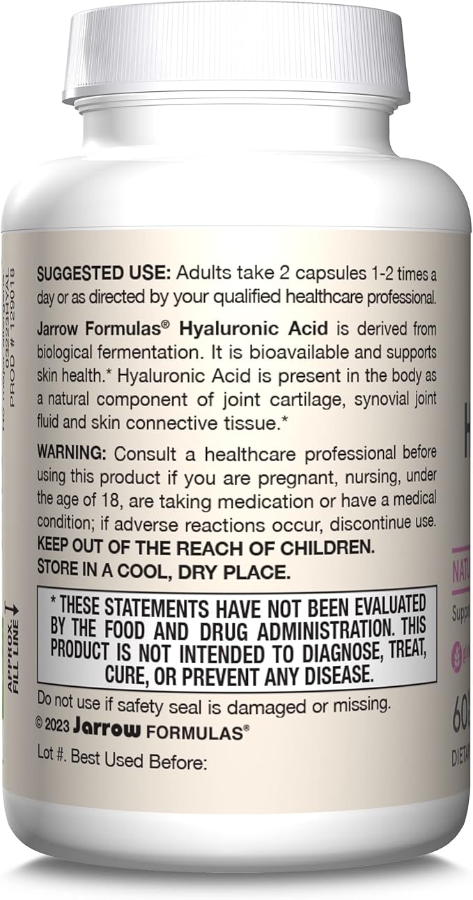 Jarrow Formulas Hyaluronic Acid 120 mg, Dietary Supplement, Skin Health Support, 60 Veggie Capsules, Up to 30 Day Supply