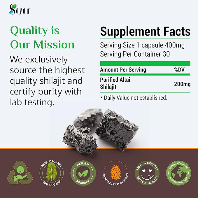 Sayan Shilajit Pure Organic Black Resin Mineral Tablets - Premium Quality Supplement Drops for Men and Women (60 Tablets, 1-2 Month Supply) for Immune Support, Natural Detox, and Energy Boost