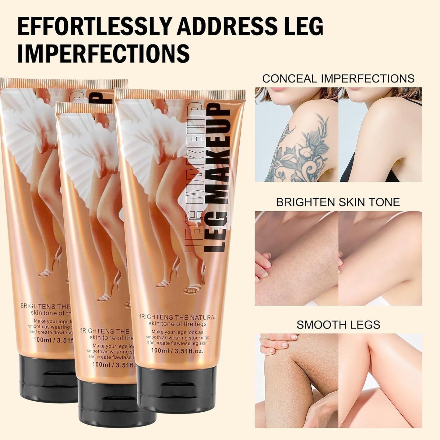 Boobeen Waterproof Leg Makeup Cream, No Transfer Body Concealer, 24-Hour Long-Lasting and Easy to Apply, Smooth & Light Effect for All Skin Tones
