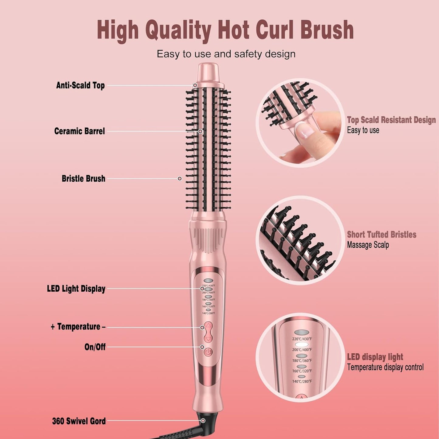 Thermal Brush, Heated Round Brush & Curling Iron with Ceramic Ionic Technology, Hair Tools for Volumizing & Styling, Travel-Friendly Hot Comb with Adjustable Temperature(Gold 1 inch)