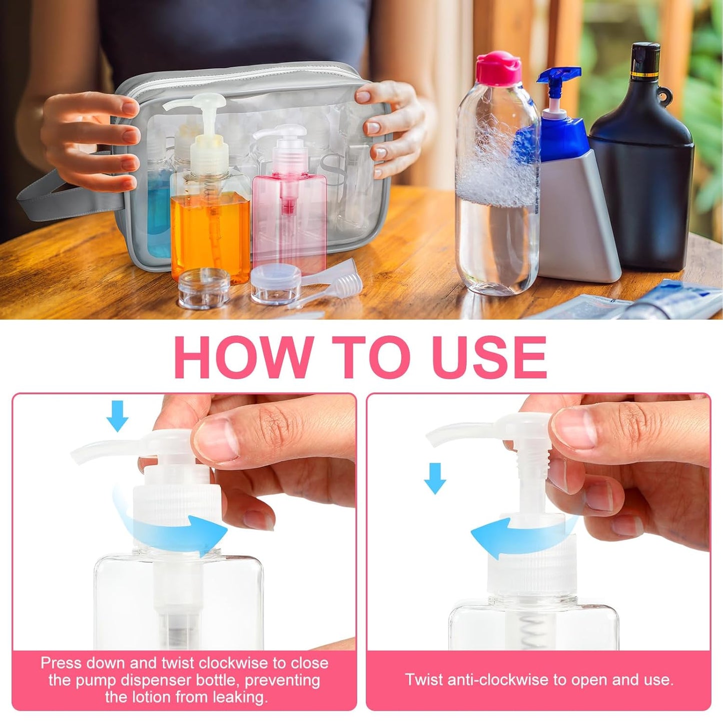 Domensi 24 Pcs 100ml /3.4 oz Pump Bottle Mini Travel Bottles Small Dispenser Containers Plastic Pump Lotion Dispenser Empty Square Travel Size Containers Toiletries (Multicolor)