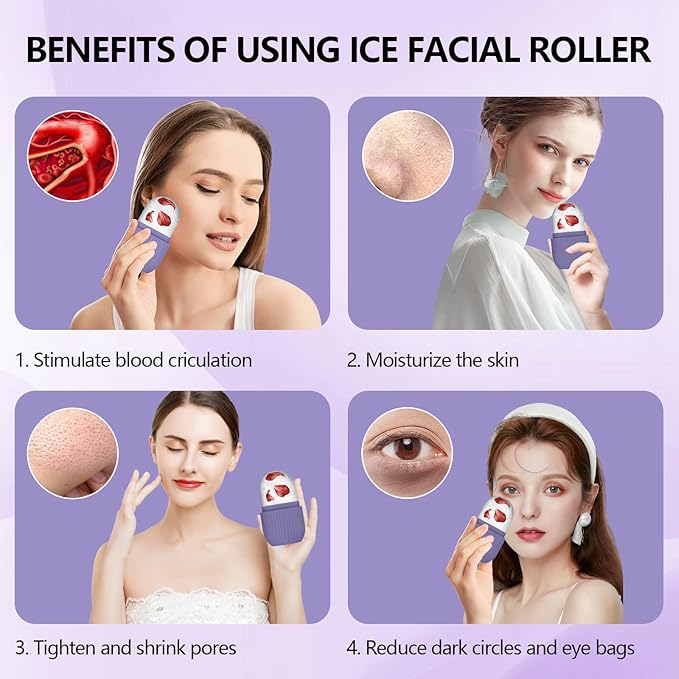 Ice Roller for Face and Eye, Silicone Ice Facial Roller Ice Holder, Face Ice Mold Skin Care, Face Icers Reusable Ice Cube Roller for Shrink Pores Anti Wrinkle Reduce Puffiness, Purple