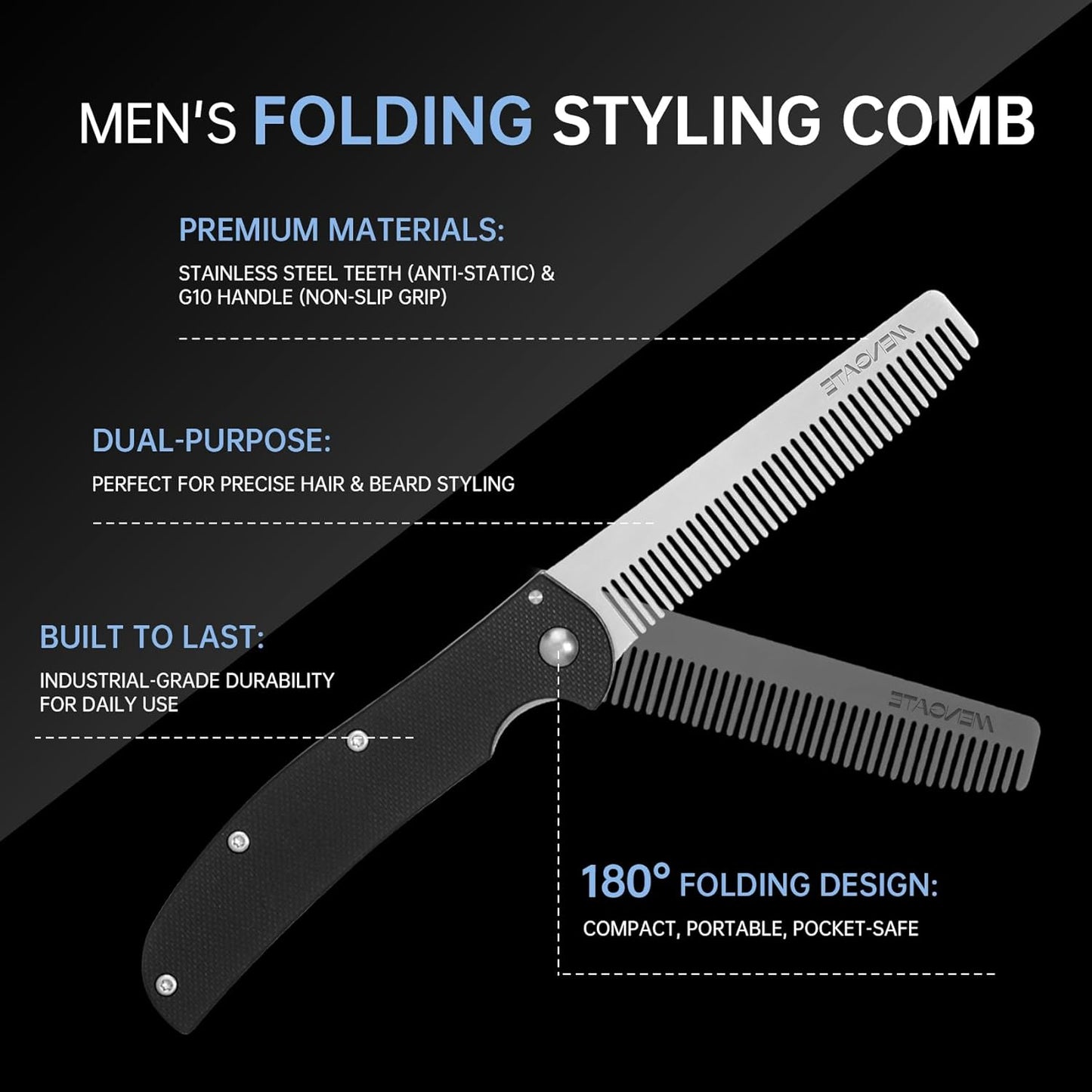 Folding Pocket Comb for Men - Stainless Steel Travel Hair & Beard Styling Tool, Compact 180° Rotating Design, Smooth Rounded Teeth, Portable Grooming Comb