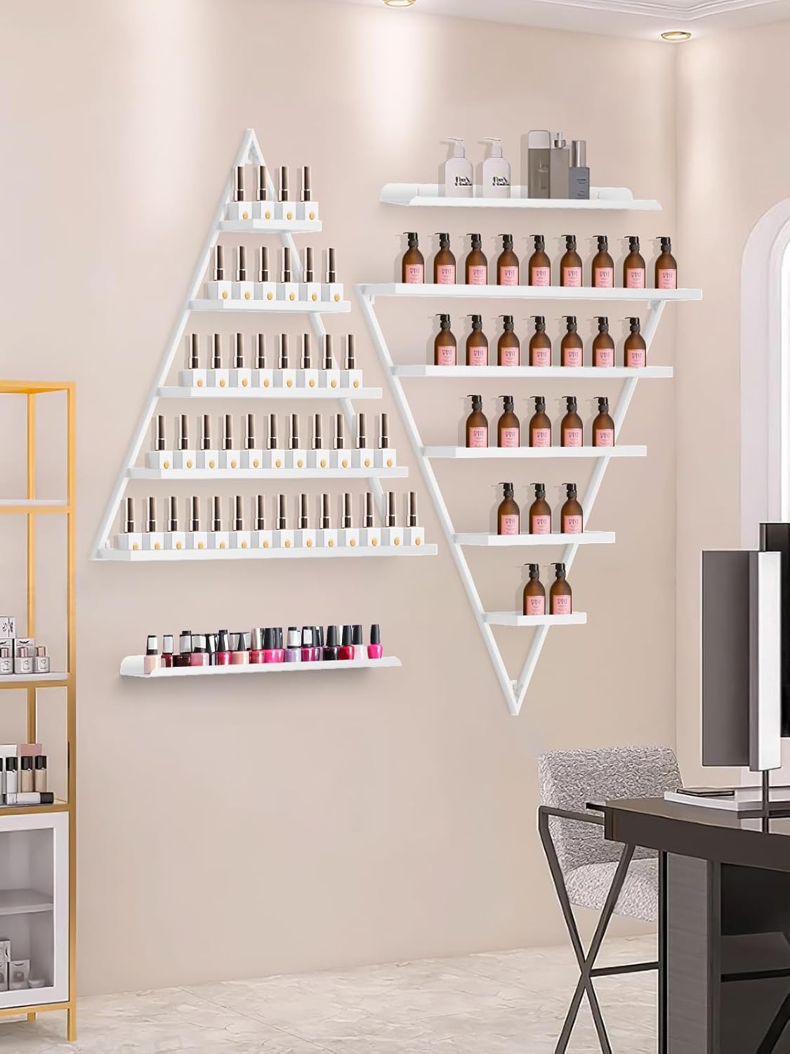 EBANKU 6PCS Nail Polish Racks 5 Tiers Nail Polish Shelf for Wall Triangular Display Rack Cosmetic Display Cases Lipstick Perfume Wall Shelf Essential Oil Organizers for Home Spa Nail Salon Shop(White)