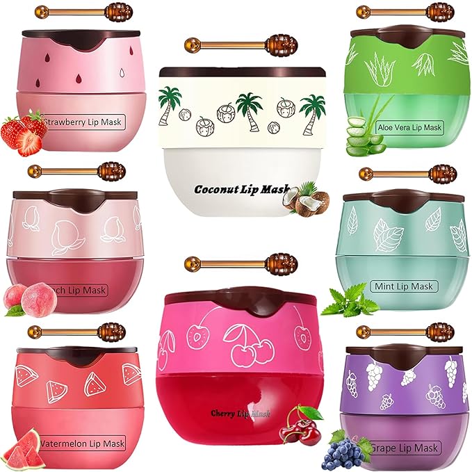 8 PCS Bee Lip Balm Honey Pot, Coconut Cherry Mint Strawberry Watermelon Grape Peach Aloe Vera Bee Lip Balm Honey Pot Sleeping Lip Mask Overnight with Stick Prevention Dry and Crack Lip Scrubs