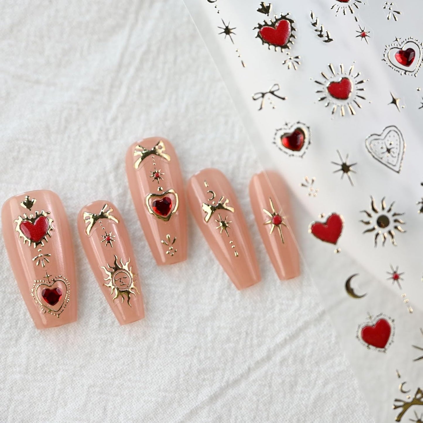Gold Totem Red Heart Nail Art Stickers, Embossed Moon Star Decals, Self-Adhesive Accessories for Women, Aesthetic Supplies for Nail Design