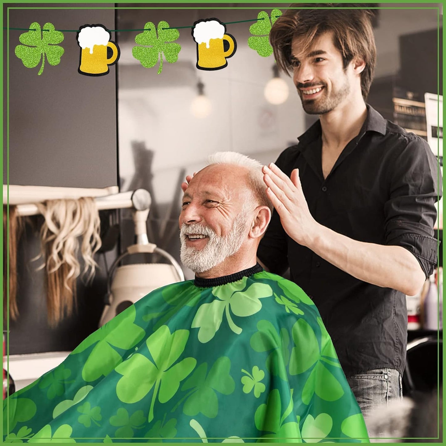 FEBSNOW Professional Barber Cape Independence St. Patrick's Day Salon Green Hair Cutting Cape with Adjustable neckline and Neck Duster Brush Barber Shop Supplies 46.8 × 56 Inch (clover pattern)