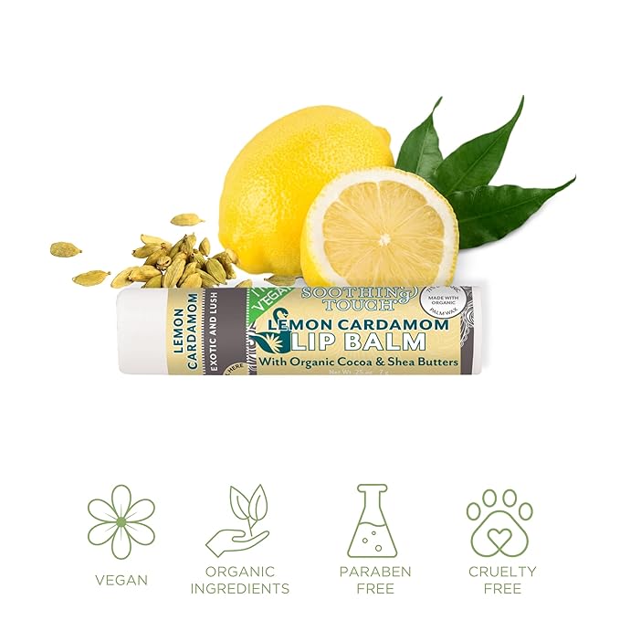 Vegan Lip Balm Set - Variety Pack of 3 Soothing Touch Lip Balms. Large 0.25 oz size. Includes Bonus Muslin Pouch (3 x 4 in). Unique Gift Bundle from Tiny Seed (Grapefruit, Pomegranate, Lemon Cardamom)