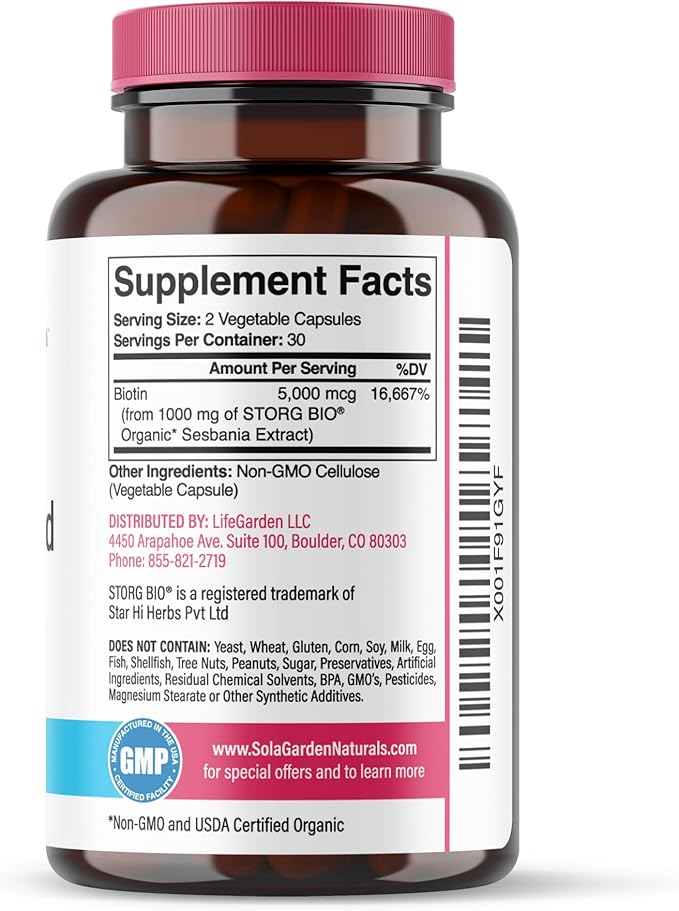 Whole Food Biotin Supplement - Contains Certified Organic Plant Based Biotin from Sesbania Agati Trees - by SolaGarden Naturals. May Support Hair, Skin and Nails. 60 Non GMO Veggie Capsules.
