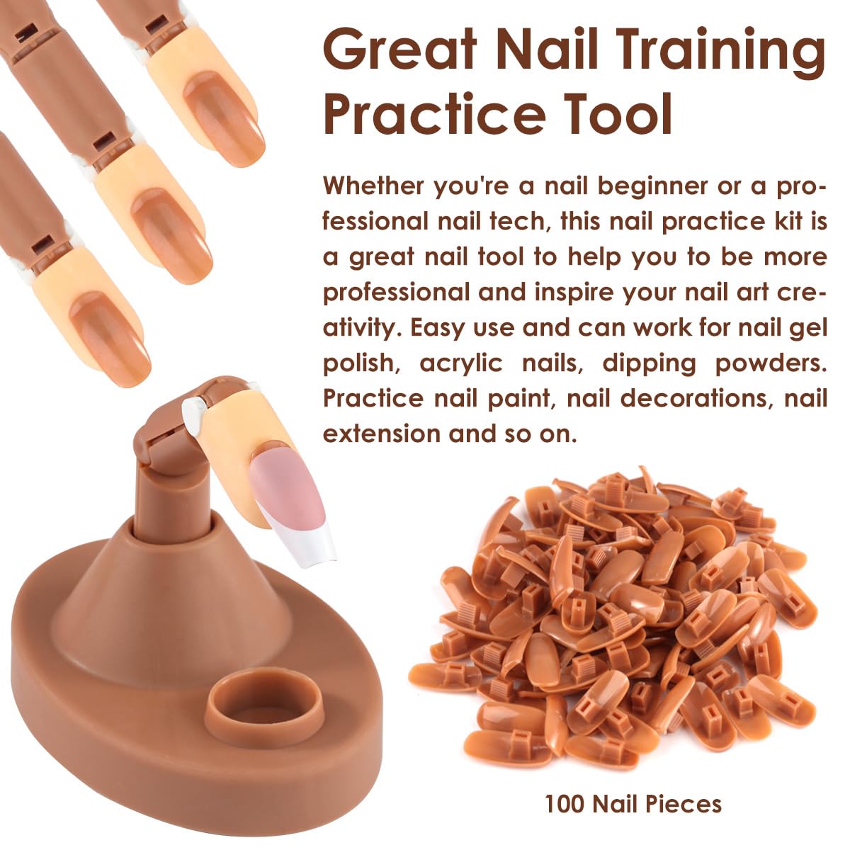 Acrylic Nail Practice Finger Kit, BORNBYME Acrylic Nail Training with 1 Base Stand, 3 Adjustable Fake Fingers, 100 Brown Nail Tips, Movable Training Nail Practice for Nail Beginner…