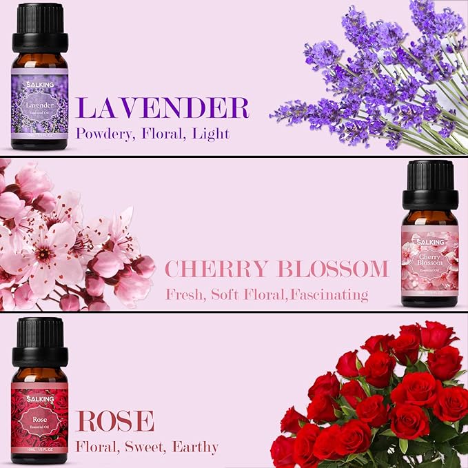 SALKING Floral Essential Oils Set, Premium Pure and Natural Essential Oils, Fragrance Oil Scented Oils for Oil Diffusers 6 x 10 ML - Lavender, Rose, Jasmine, Cherry Blossom, Gardenia, Chamomile