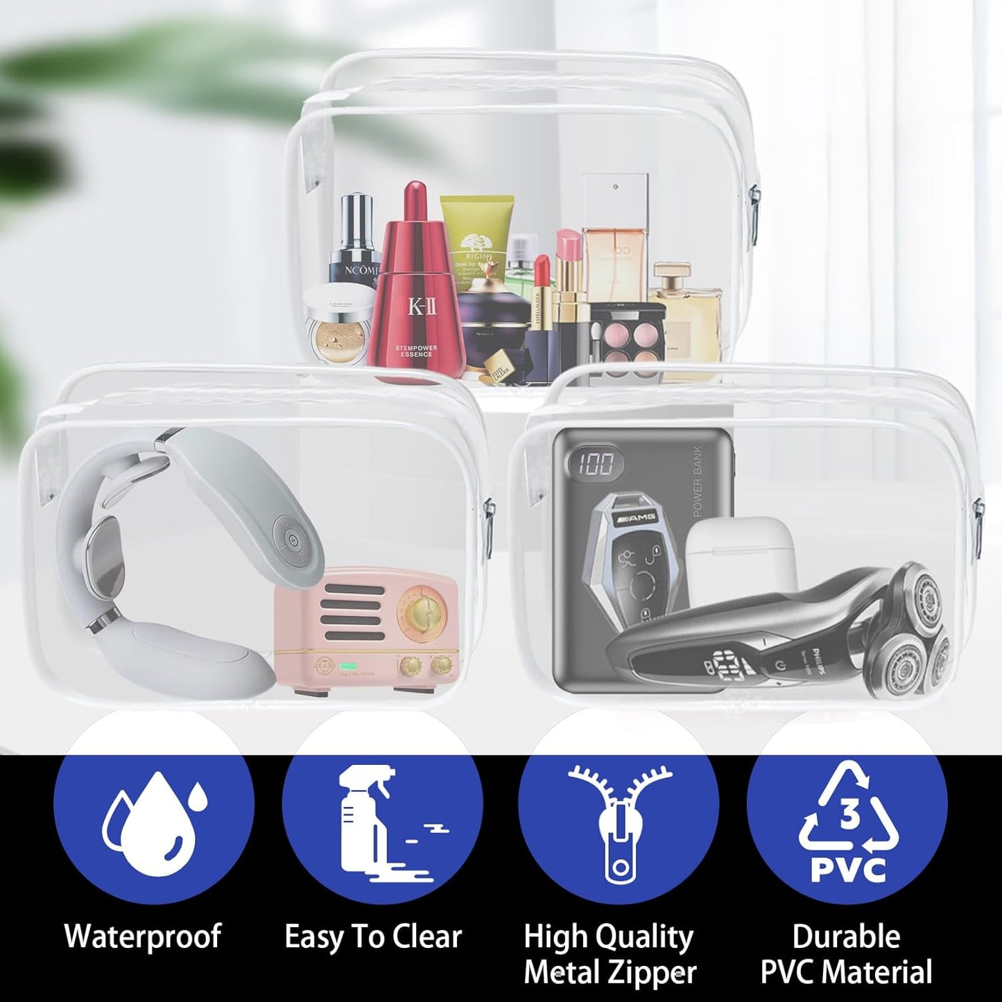 16 Pack Waterproof Cosmetic Bag TSA Approved Toiletry Bag, Portable Travel Pouch with Zipper, Vinyl Plastic Organizer Storage for Men and Women (White-L)