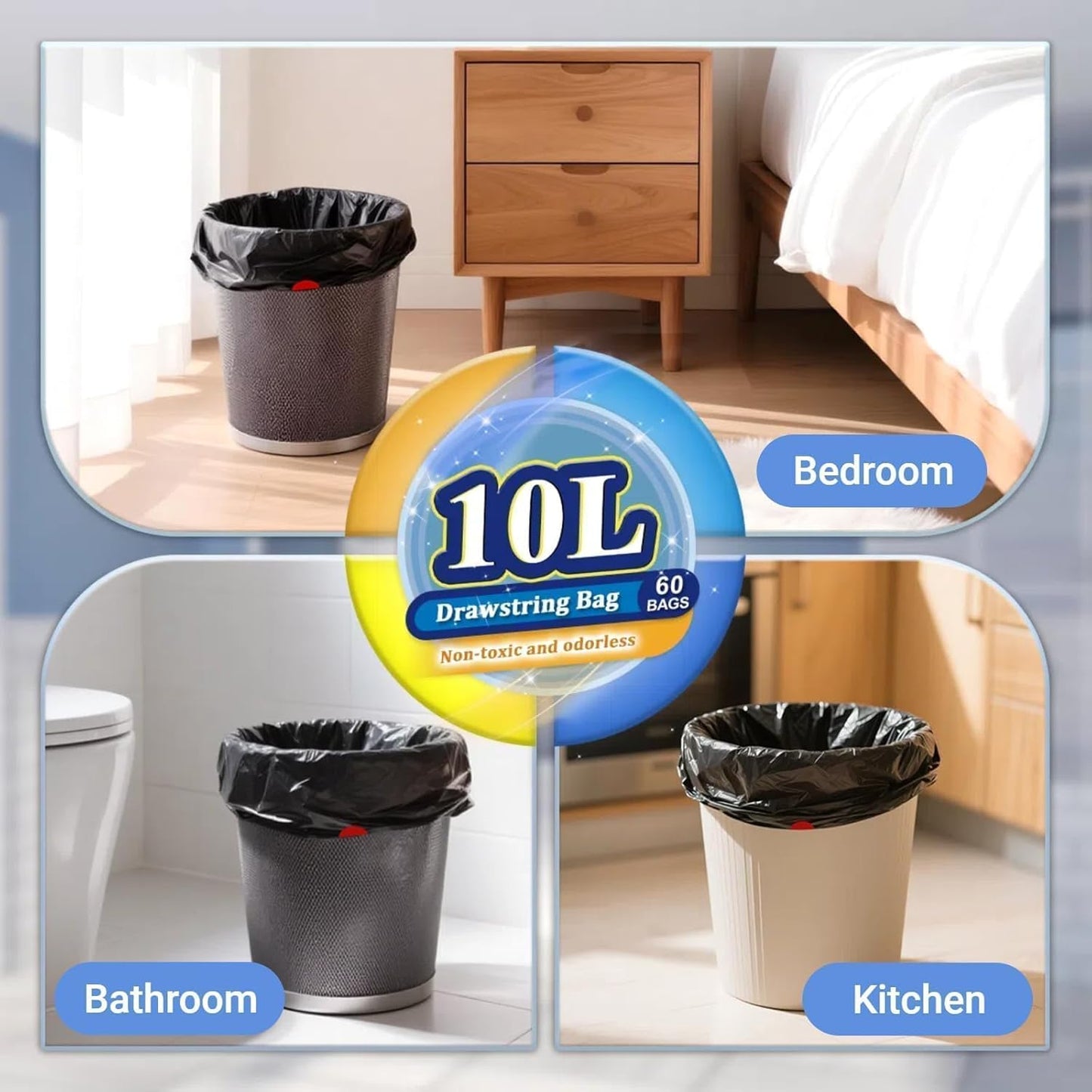 XUXRUS 2.6 Gallon Black Bathroom Drawstring Trash Bags - 60 Count Folded Small Garbage Bags, Tear-Resistant & Leak-Proof, Odor Control Liners for Bathroom, Kitchen, Office – Heavy Duty Trash Bags