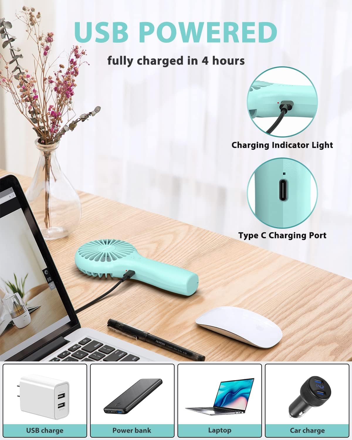 TriPole Handheld Fan Mini Portable 5000 mAh Battery Operated Small Personal Fans with Powerful Wind USB Rechargeable Eyelash Fan for Makeup Girls Kids Women Summer Wedding Outdoor Travel, Blue