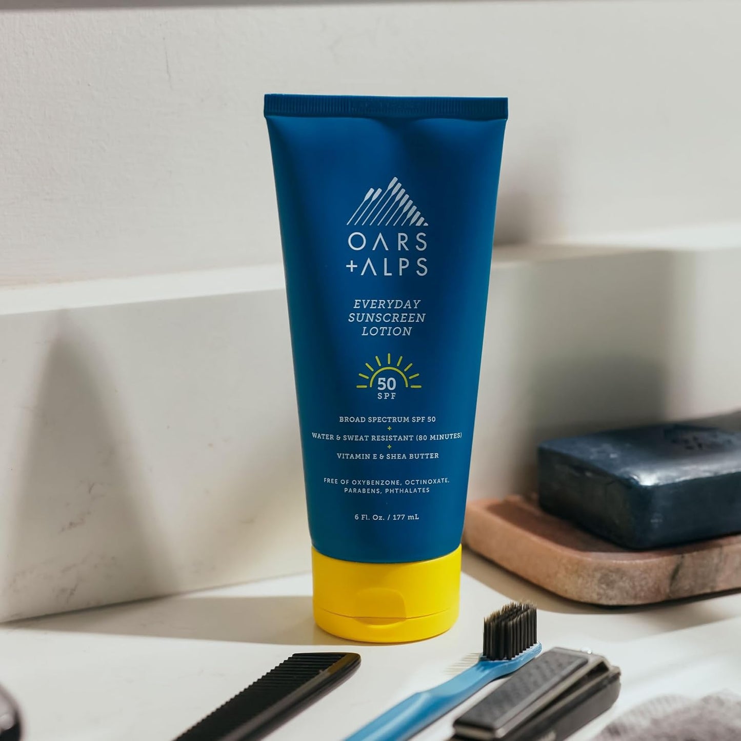 Oars + Alps Sunscreen Body Lotion for Everday Use, SPF 50 Body & Face Sunscreen Lotion, Infused with Aloe Leaf & Vitamin E, No White Residue, Water & Sweat Resistant, All Skin Types, Lightweight, 6oz