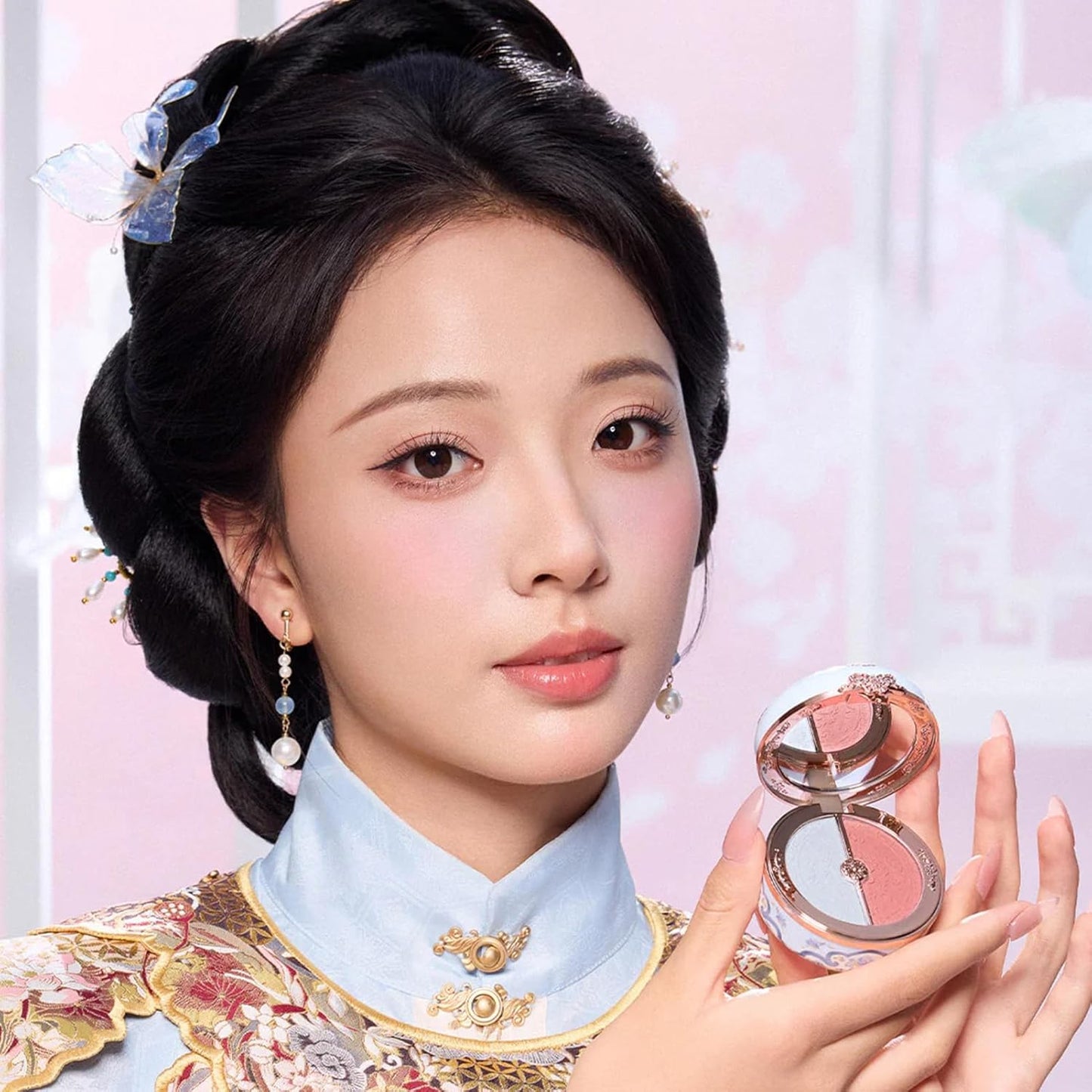 Flower Knows Butterfly Cloud Collar Rouge Box Highlighting & Blush Duo Powder,Blue+Pink Matte Finish Blush & Highlighter Palette,Buildable & Blendable Makeup Blush for cheeks(02 Seaborne Moon)