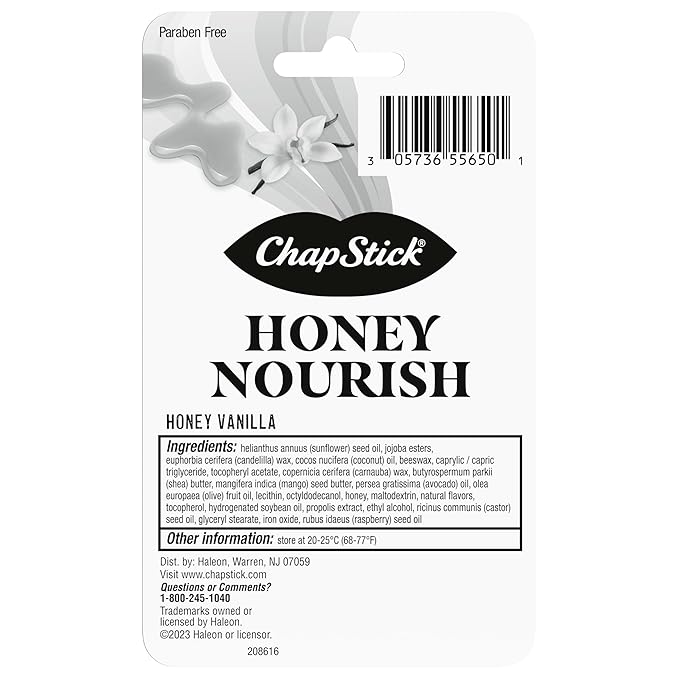 ChapStick Lip Balm Honey Nourish, Moisturizing Fomula with Shea Butter and Avocado Butter, Vitamin E, Honey Vanilla Flavor, 3CT BC .45OZ
