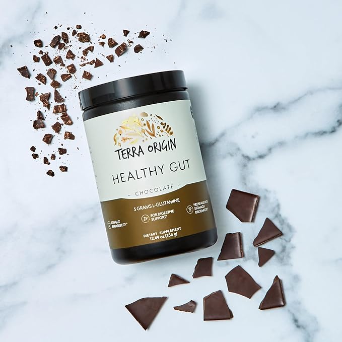 TERRA ORIGIN Healthy Gut Chocolate | 30-Servings with L-Glutamine, Zinc, Glucosamine, Slippery Elm Bark, Marshmallow Root and More!