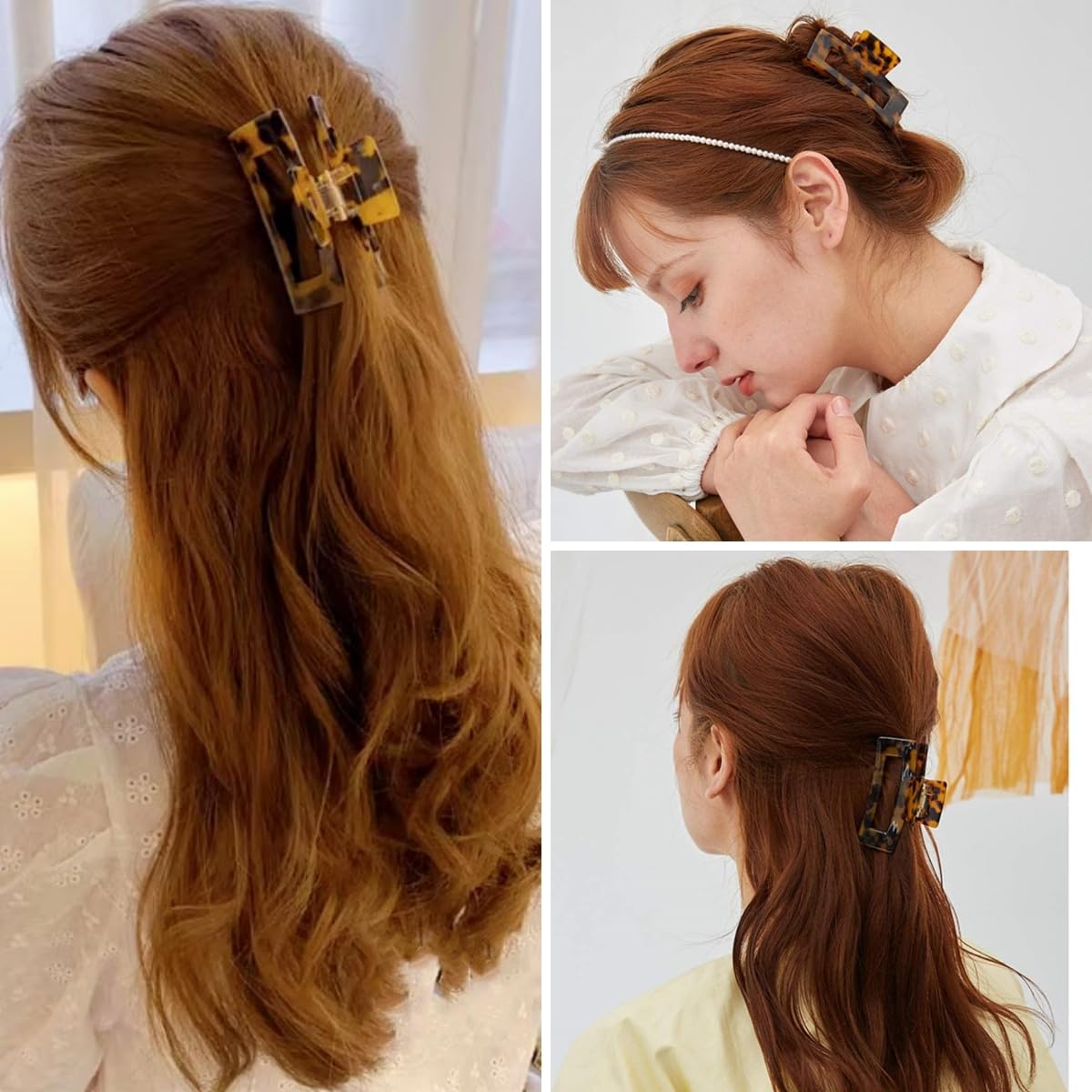 Hair Claw Clips Cutout Tortoise Shell Celluloid Hair Jaw Clips 3 Inches French Design Rectangle Hair Clamp for Women Ladies Mother (2 Pack)