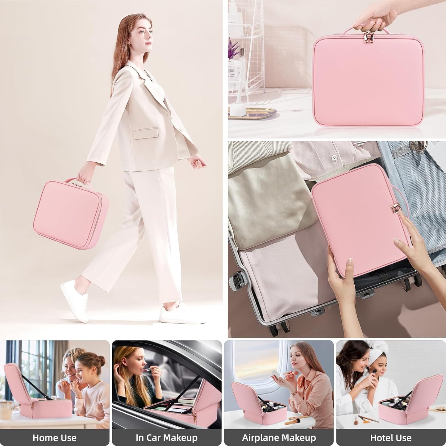 Makeup Case with Mirror and Lights, Travel Makeup Bag with Lighted Mirror, Make up Case with LED Mirror & Adjustable Dividers, Portable Cosmetic Organizer Bag Gift for Women(Pink)