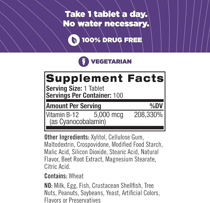 Natrol Vitamin B12 Fast Dissolve Tablets, Promotes Energy, Supports a Healthy Nervous System, Maximum Strength, Strawberry Flavor, 5,000mcg, 100 Count (Pack of 2)