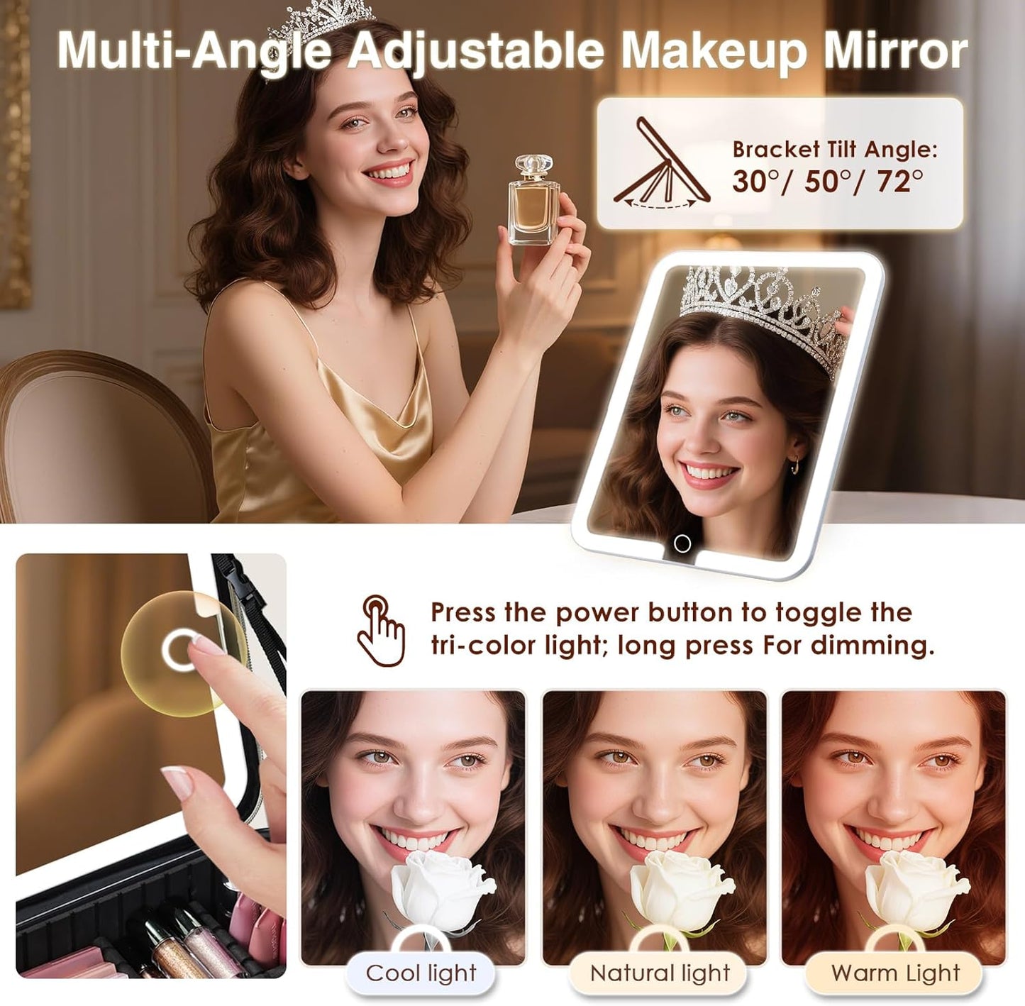 Makeup Bag with LED Lighted Mirror 12.2 IN Travel Makeup Bag Adjustable Brightness in 3 Colors Cosmetic Organizer Artist Storage Bag with Dividers Brush Holder Bag Vanity Beige