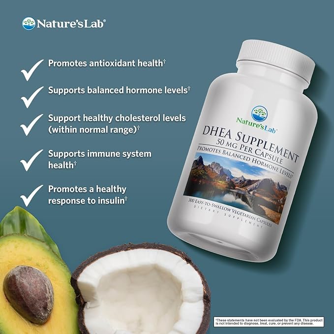 Nature's Lab DHEA 50mg Supplement - Promotes Balanced Hormone Levels, Healthy Energy and Increased Mental Clarity* - 300 Capsules (10 Month Supply)