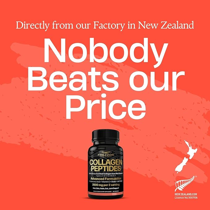 FREZZOR Collagen Peptides with UAF1000+, 100% Grass-Fed New Zealand Cattle Source, Hydrolyzed, Joint, Skin, Hair & Nail Support, Amino Acids, Anti-Aging, 90 Capsules, 1 Bottle