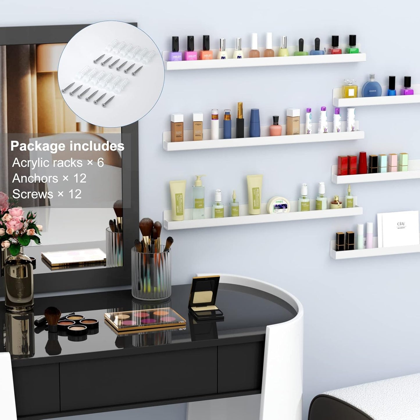 FEMELI Nail Polish Wall Rack: 6 Shelves 15 Inch White Acrylic Nail Polish Holder Organizer for 66-90 Bottles, Multi-Purpose Acrylic Floating Shelves (15 Inch, White)