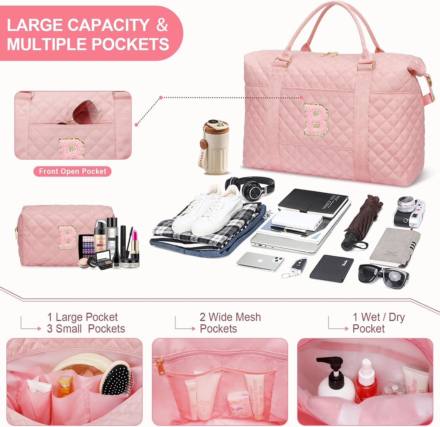 Gifts for Teen Girl, Initial Travel Duffle Bag, Personalized Women Weekender Overnight Bags, Gift for Daughter Kid Girl Wife Friend(Pink,B)